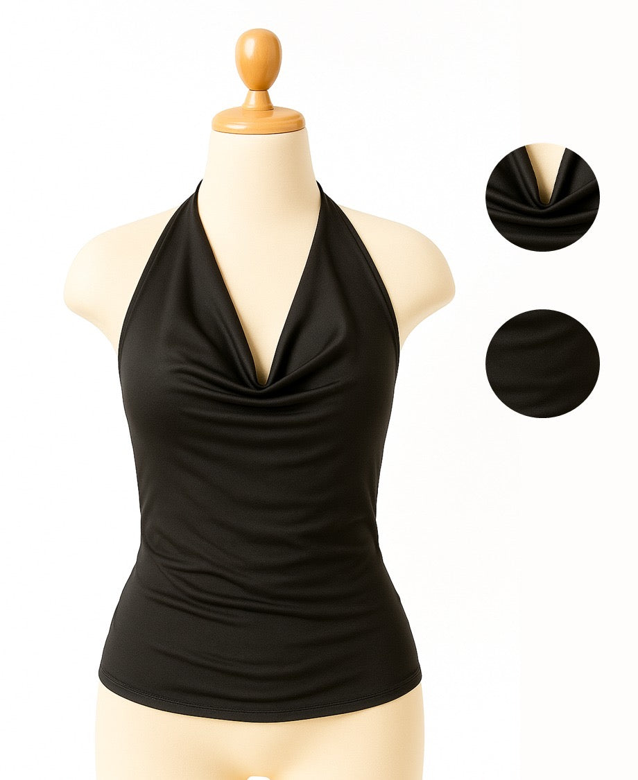 Top halter para mujer de suplex stretch color negro – caída drapeada y espalda descubierta All Fit