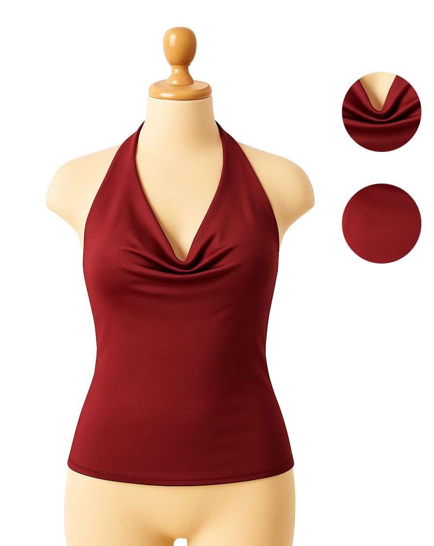 Top halter para mujer de suplex stretch color borgoña– caída drapeada y espalda descubierta All Fit