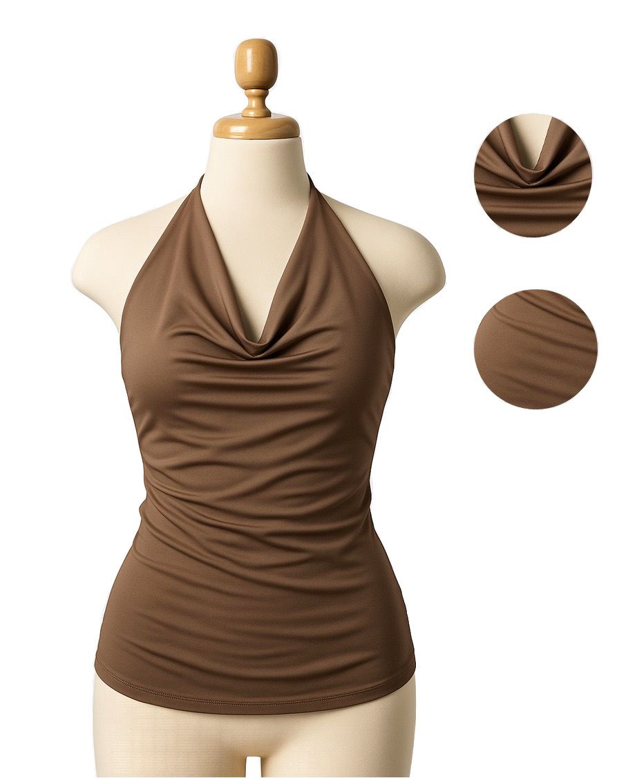 Top halter para mujer de suplex stretch color mocha– caída drapeada y espalda descubierta All Fit