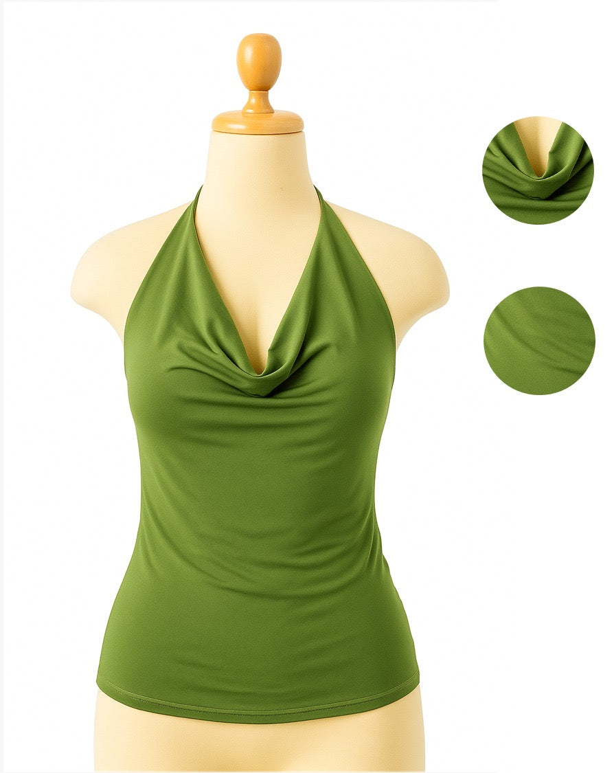 Top halter para mujer de suplex stretch color pistacho– caída drapeada y espalda descubierta All Fit
