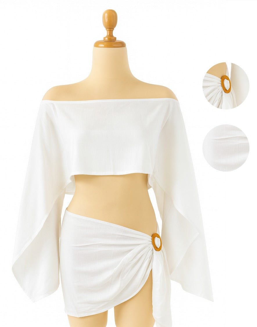 Set de lino para mujer color blanco cálido – conjunto de 2 piezas con top corto sin mangas - Miranda Summer Set
