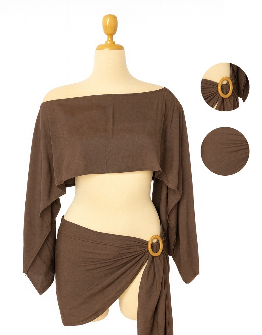 Set de lino para mujer color marrón cálido – conjunto de 2 piezas con top corto sin mangas - Miranda Summer Set
