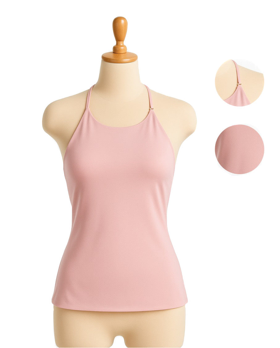 Top halter para mujer color rosa pastel de suplex – cuello regulable y diseño con espalda descubierta