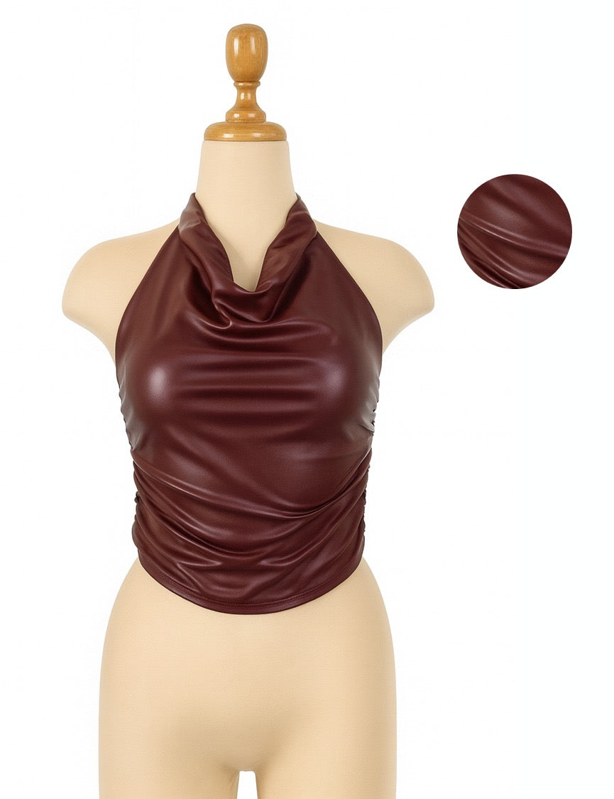 Top de cuerina para mujer color borgoña al cuello – modelo Samantha 