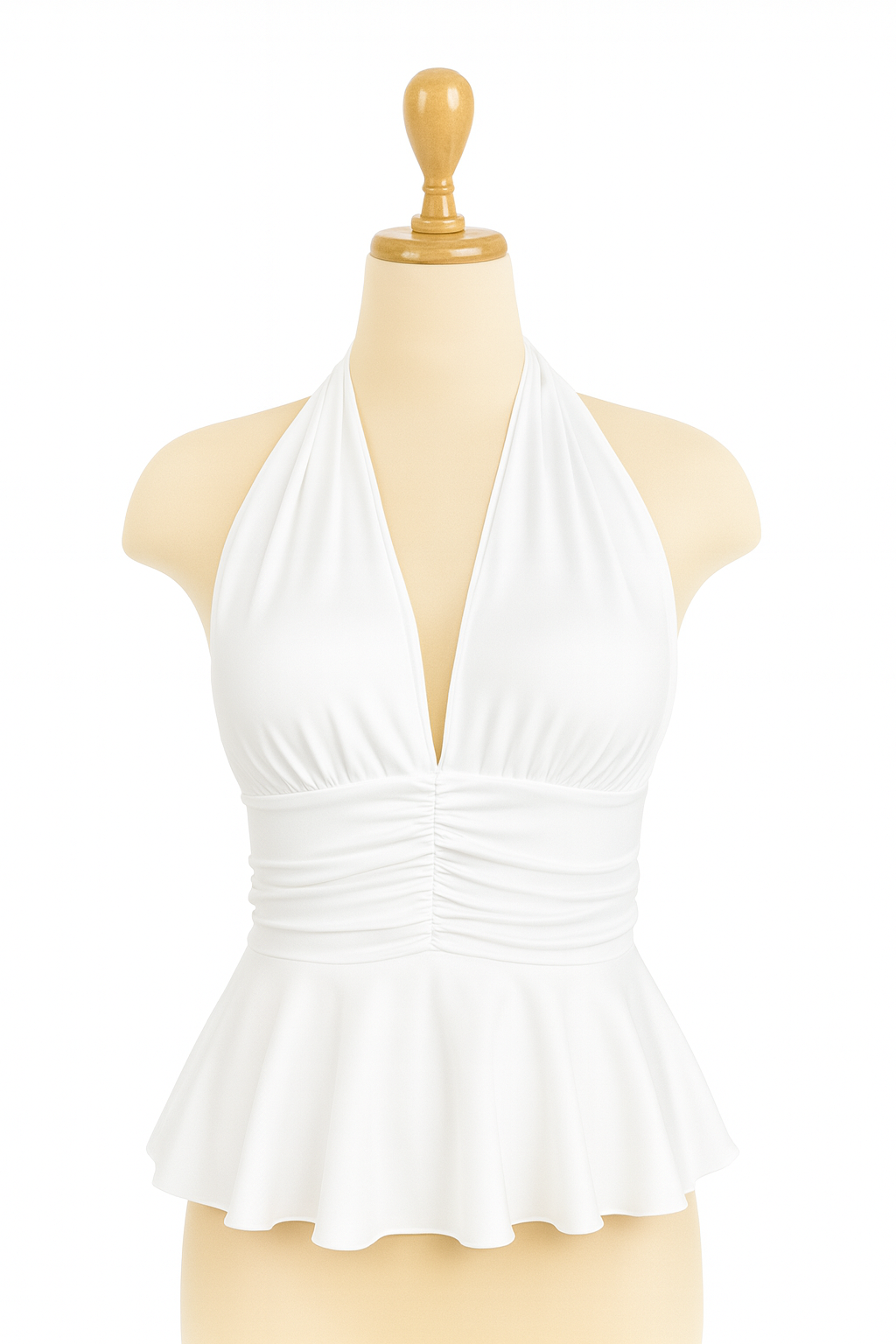 Top halter blanco para mujer con frunces en el delantero y basta tipo peplum – tela stretch que se amolda al cuerpo y define la cintura de forma cómoda All Fit