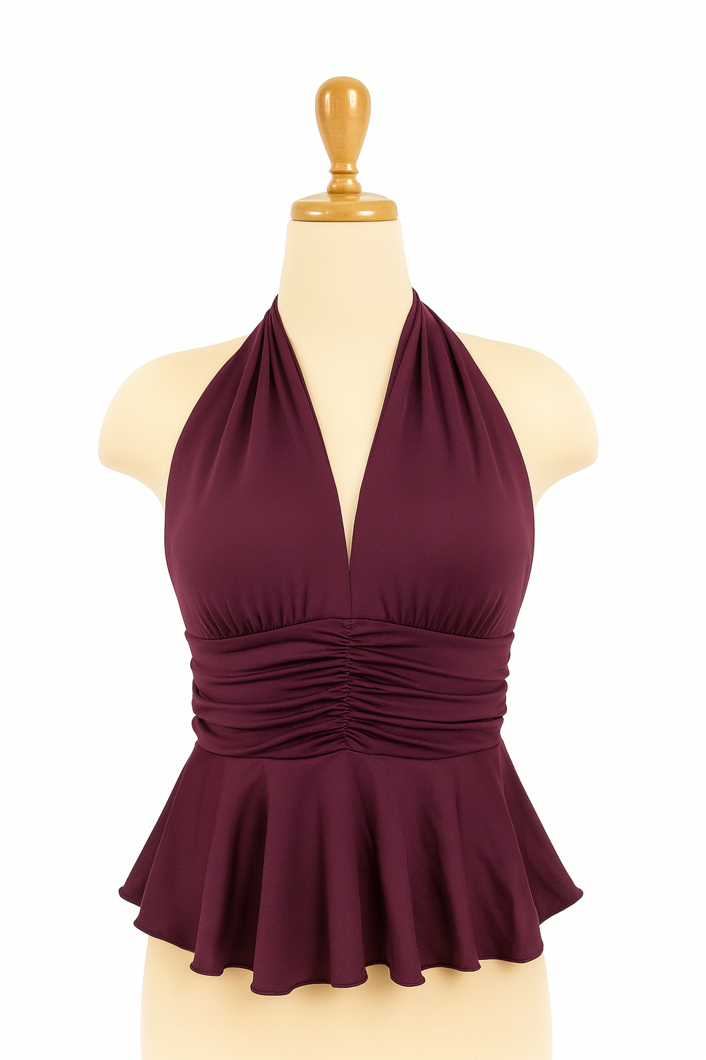 Top halter borgoña para mujer con frunces en el delantero y basta tipo peplum – tela stretch que se amolda al cuerpo y define la cintura de forma cómoda All Fit