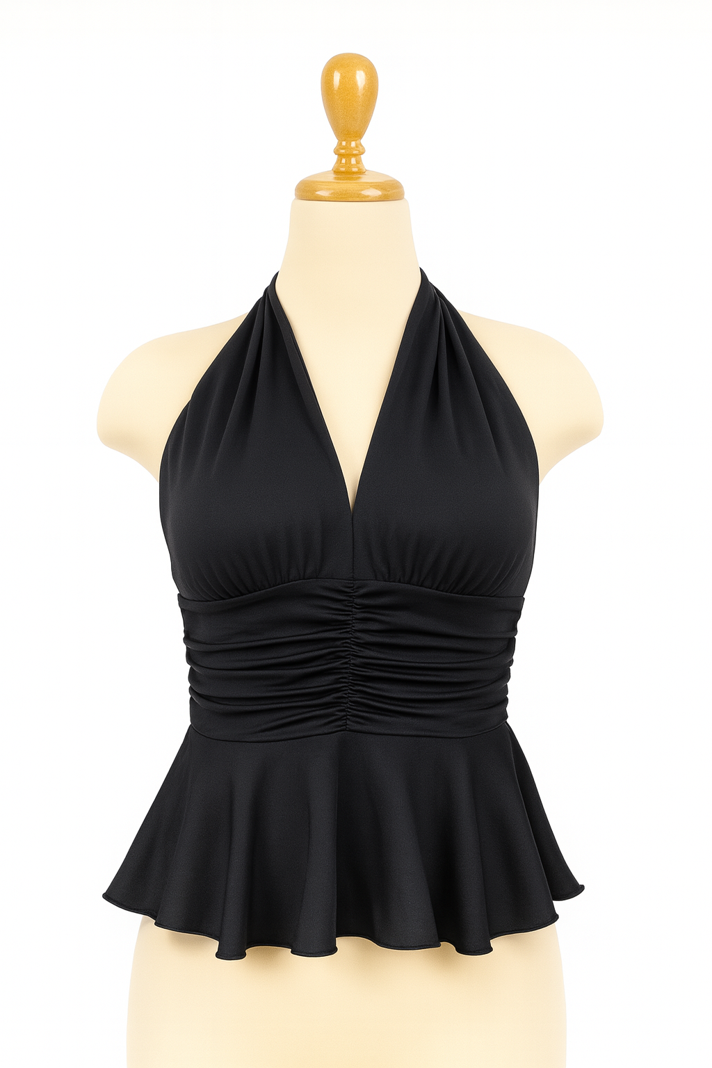 Top halter negro para mujer con frunces en el delantero y basta tipo peplum – tela stretch que se amolda al cuerpo y define la cintura de forma cómoda All Fit