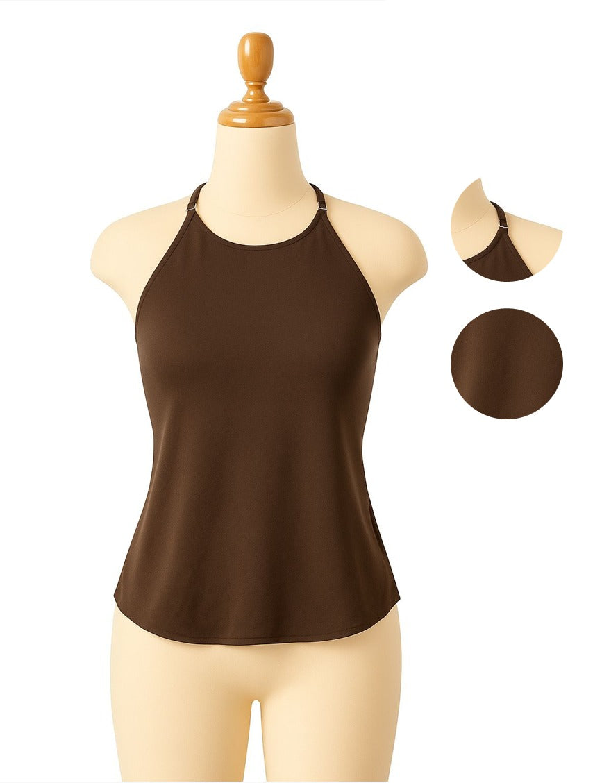 Top halter para mujer color mocha de suplex – cuello regulable y diseño con espalda descubierta
