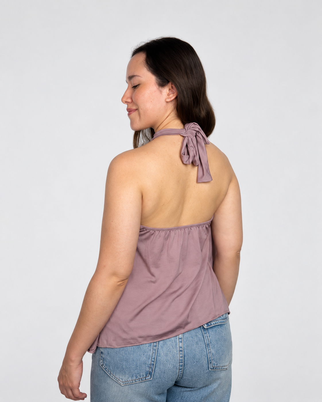Top halter para mujer de suplex stretch color aceituna– caída ligera y tiras para amarrar en el cuello All Fit