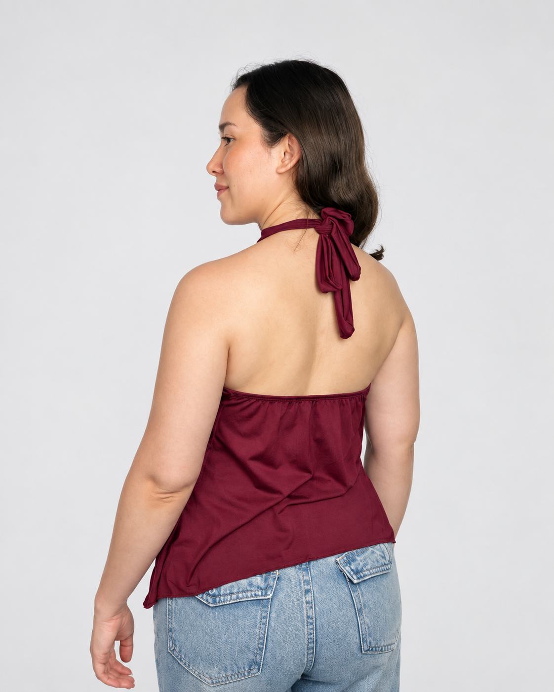 Top halter para mujer de suplex stretch color borgoña – espalda descubierta y tiras para amarrar en el cuello All Fit