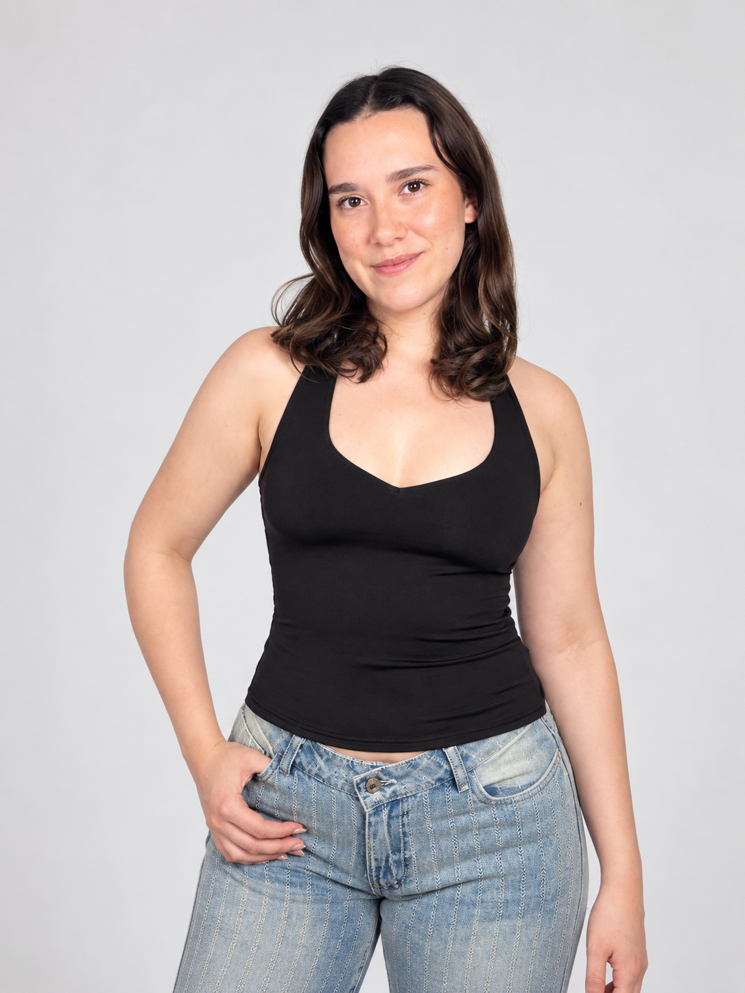Top halter para mujer de suplex stretch color negro – silueta ajustada y escote halter All Fit