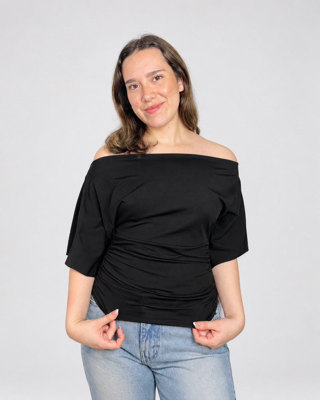 Top de manga 3/4 para mujer de suplex stretch color negro – escote amplio y caída sutil All Fit