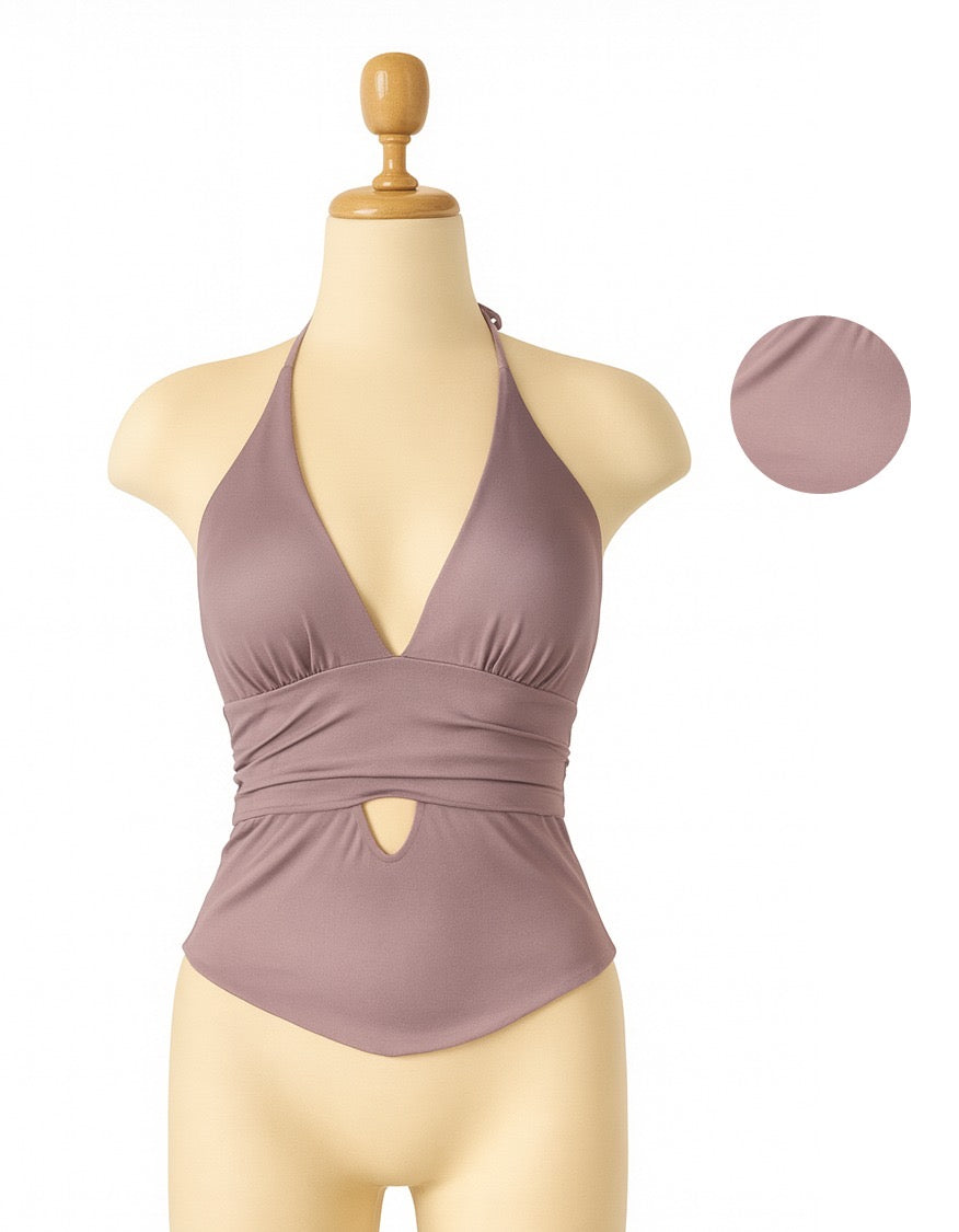 Top para mujer de suplex color aceituna– modelo Venus sin mangas y con cuello en V