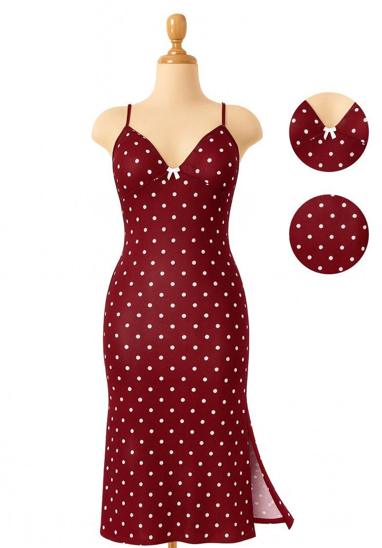 Vestido midi para mujer color borgoña con estampado polka dots – tirantes regulables, tela stretch que se amolda al cuerpo, lazo en el escote y abertura lateral All Fit
