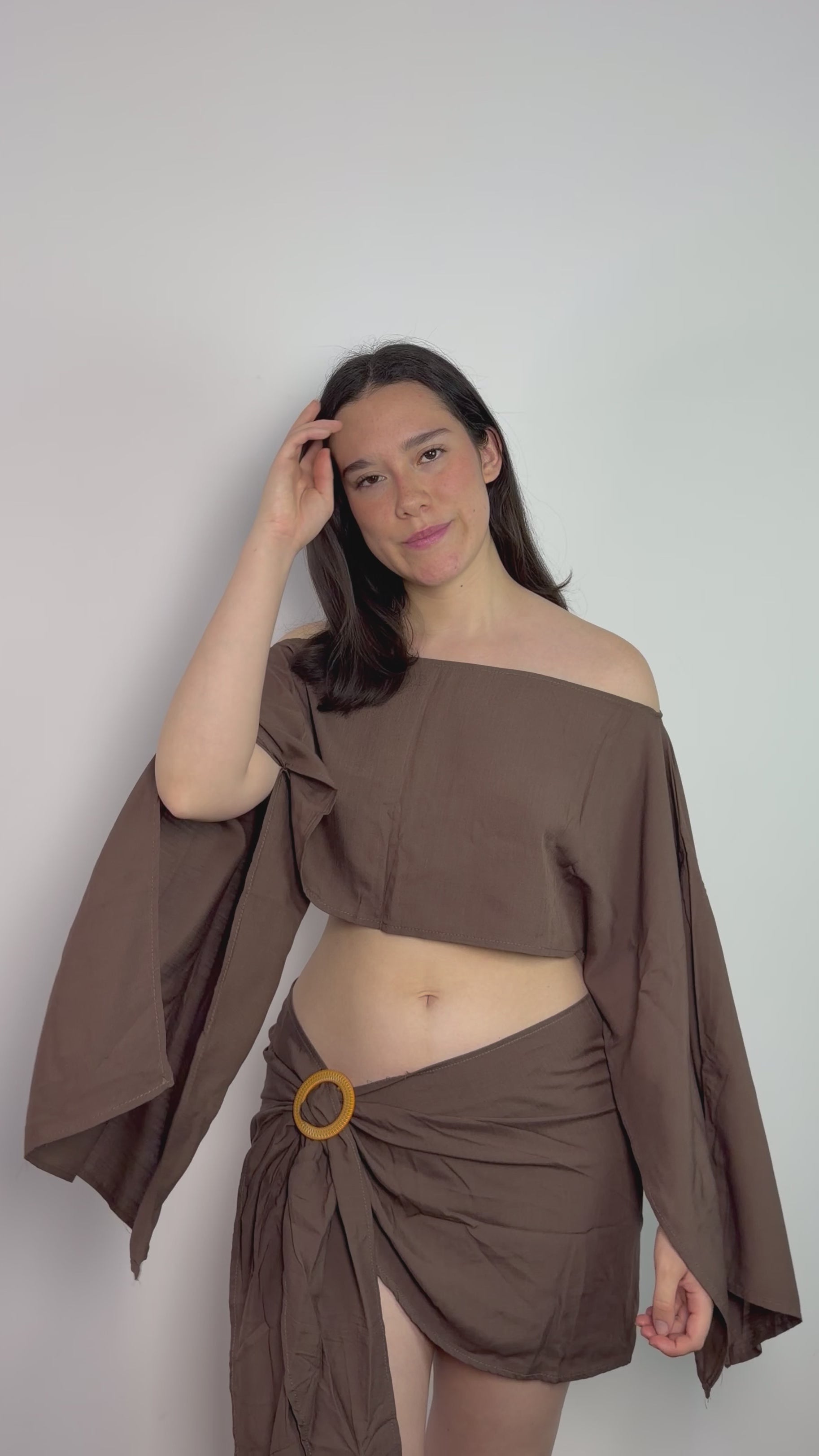 Set de lino para mujer color marrón cálido – conjunto de 2 piezas con top corto sin mangas - Miranda Summer Set